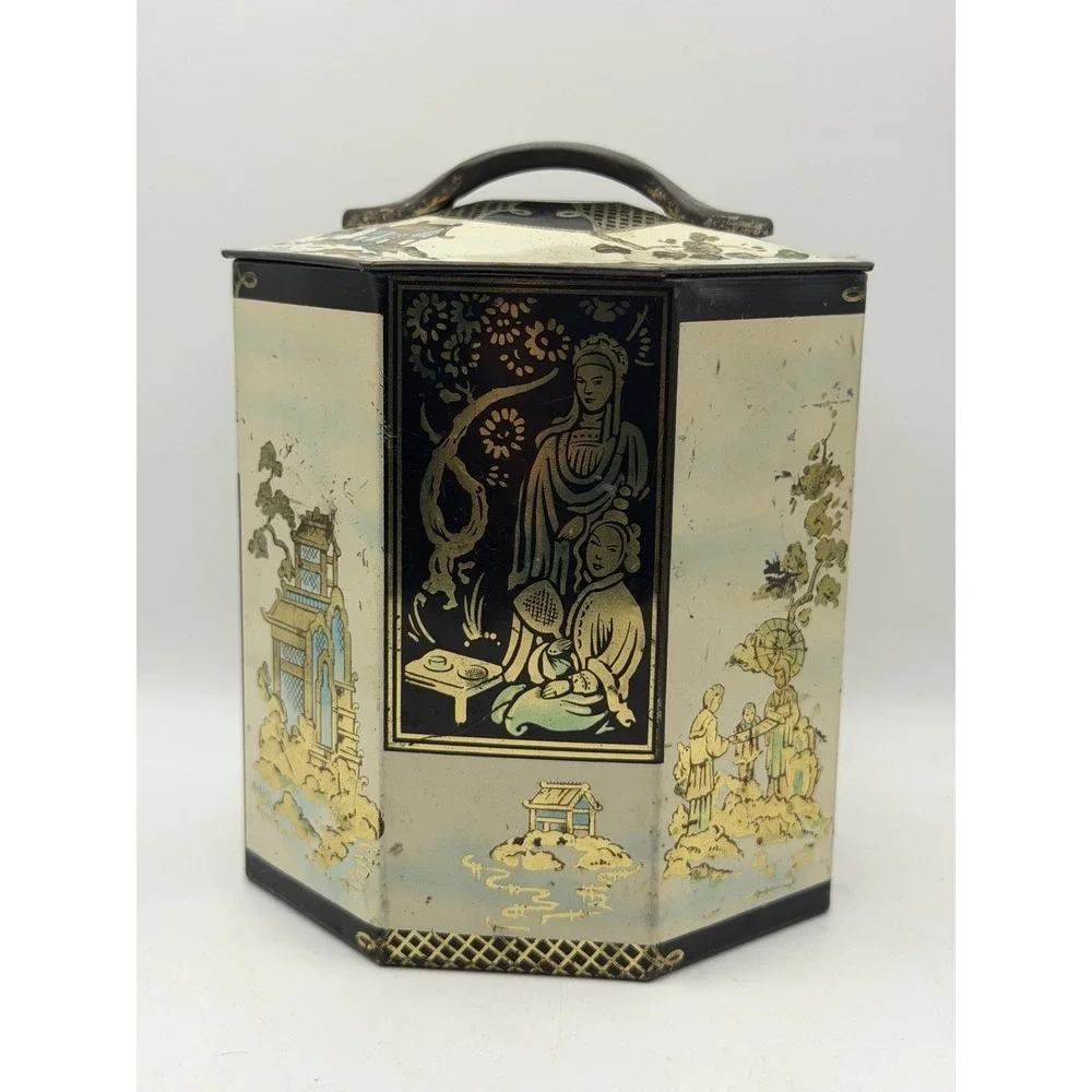 Vintage Peek Frean Biscuit Tin Chinoiserie Octagonal Tea Tin England Advertising